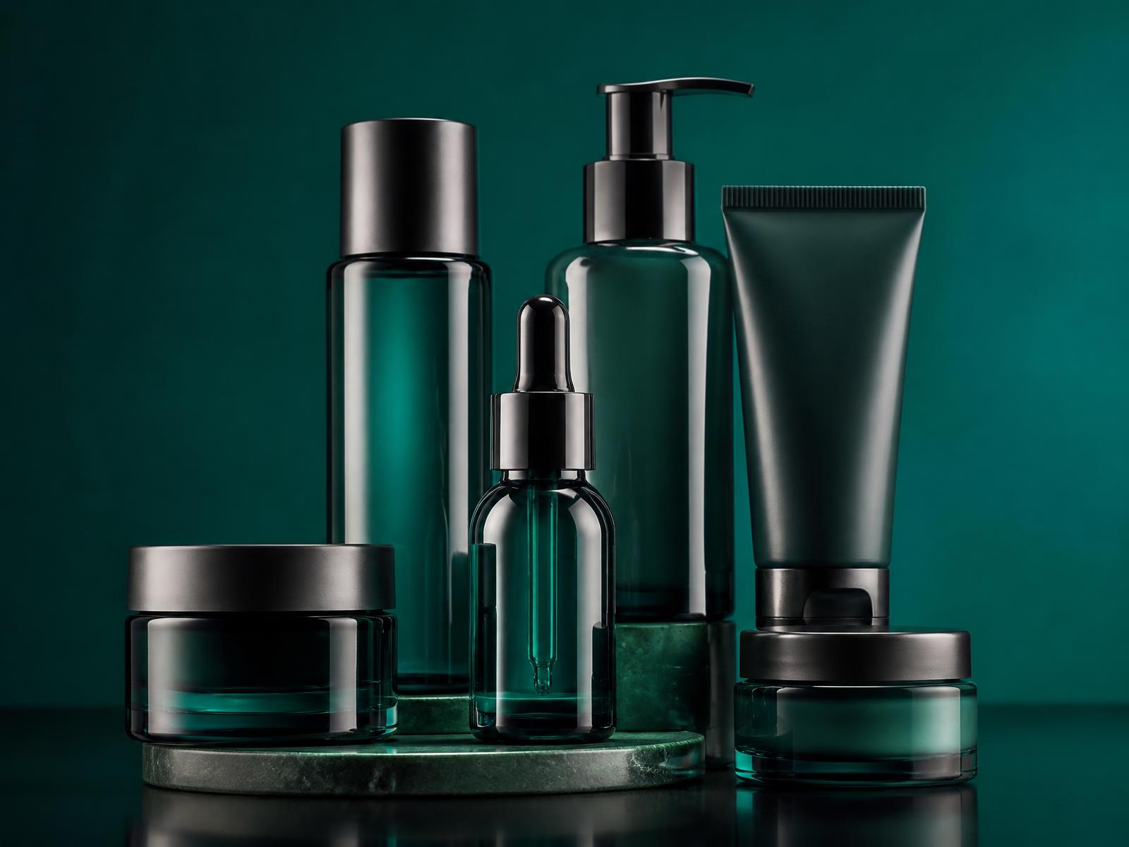 Frascos de cosméticos sem marca sobre fundo verde-petróleo