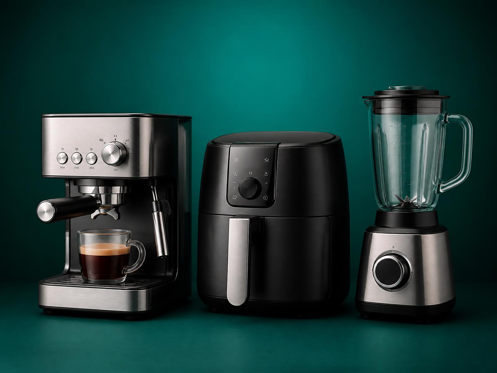 Cafeteira e ar-condicionado para casa sobre fundo verde-petróleo