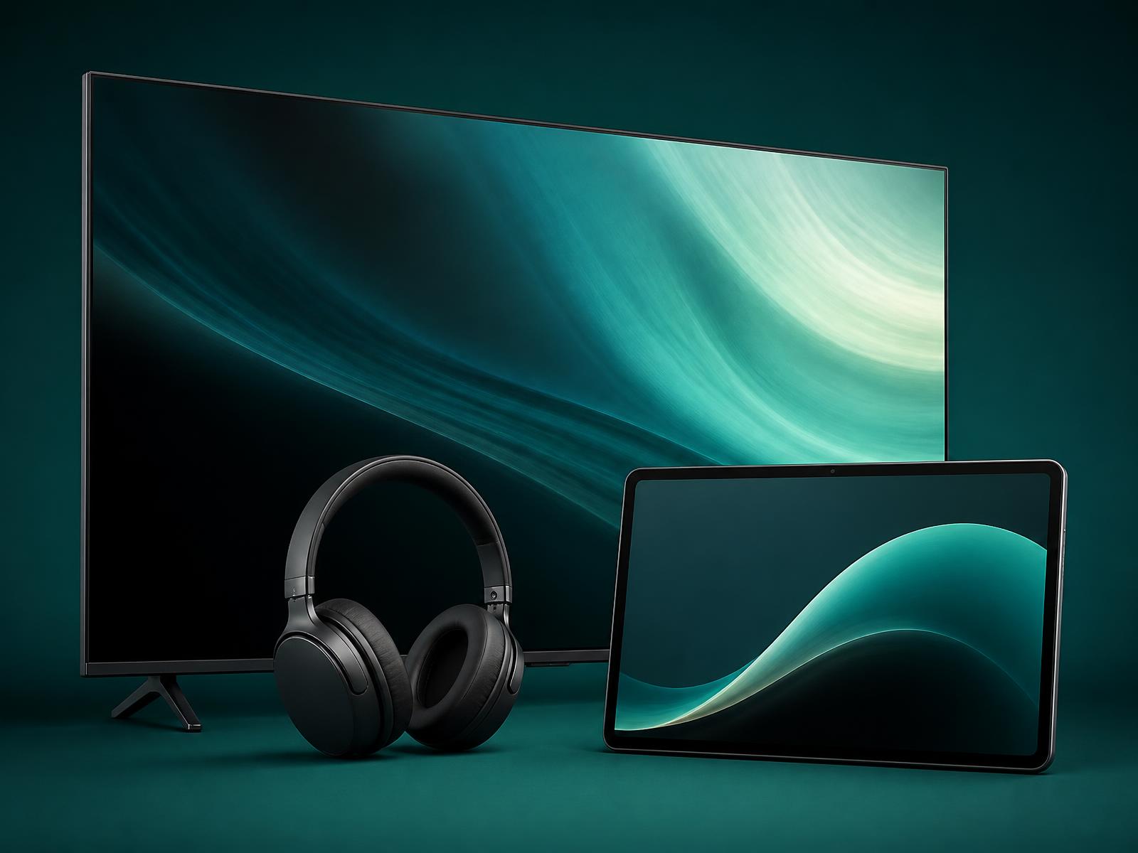 TV e fones de ouvido sobre fundo verde-petróleo
