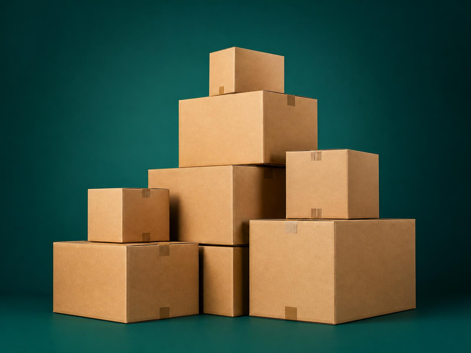 Caixas de papelão empilhadas sobre fundo verde-petróleo