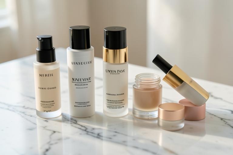 Frascos de cosméticos sem marca sobre bancada de mármore