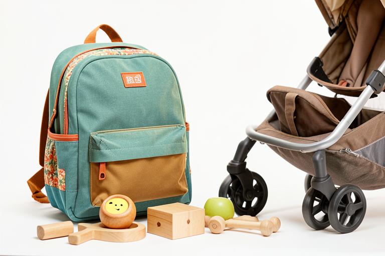 Mochila escolar, brinquedos de madeira e carrinho de bebê