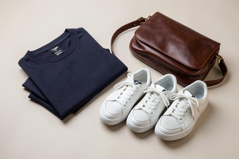 Camiseta dobrada, tênis brancos e bolsa de couro sobre fundo neutro
