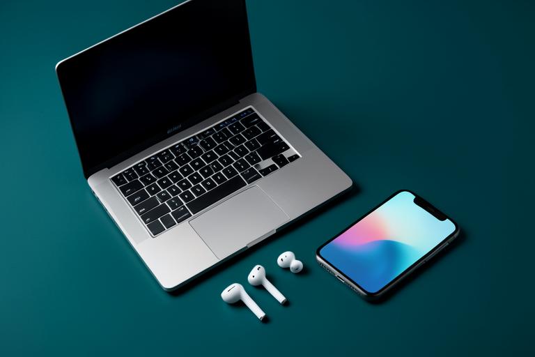 Notebook, fones sem fio e smartphone sobre superfície verde-petróleo